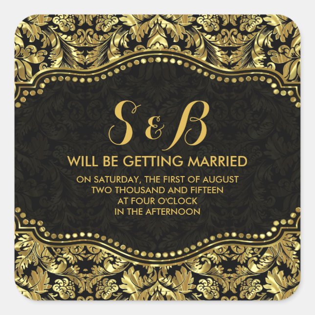Schwarz-Metall-Gold-Floral-Damaskus 2 Muster Quadratischer Aufkleber (Vorderseite)