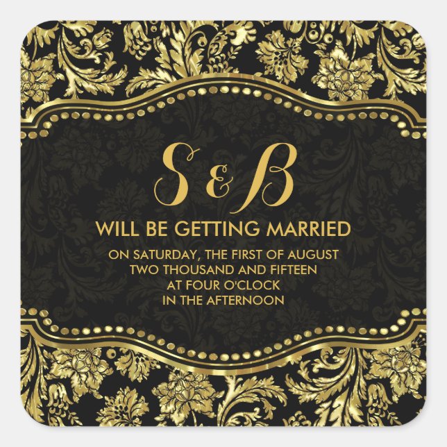 Schwarz-Metall-Gold-Floral-Damaskus 3 Muster Quadratischer Aufkleber (Vorderseite)