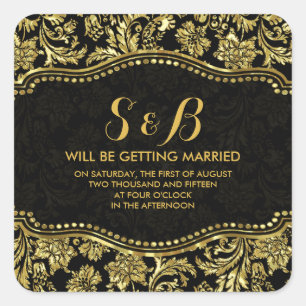 Schwarz-Metall-Gold-Floral-Damaskus 3 Muster Quadratischer Aufkleber