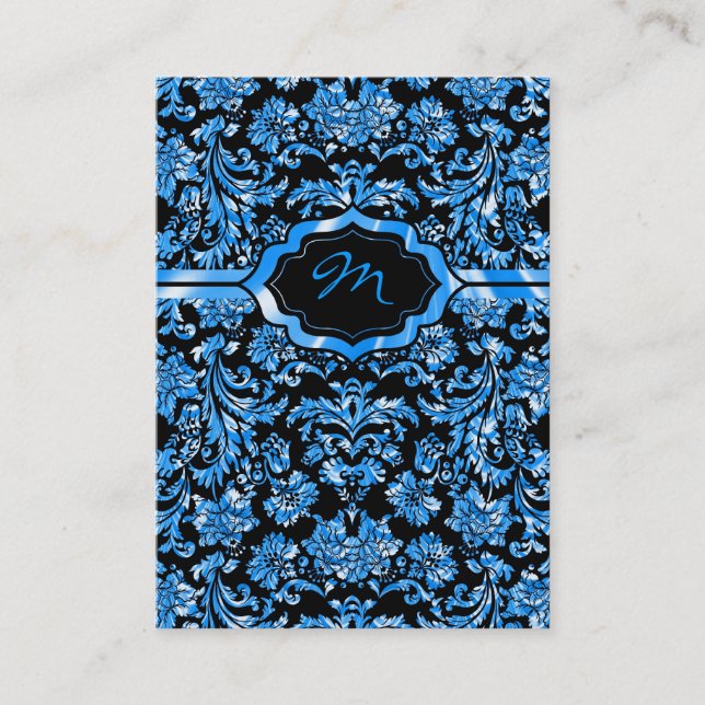 Schwarz & Metallic Blue Floral Dammasken monogrami Visitenkarte (Vorderseite)