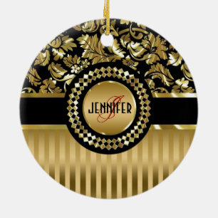 Schwarz & Metallic Gold Blumen Damast & Streifen Keramikornament