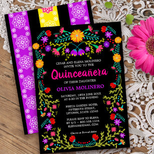 Schwarz-Mexikanisch Fiesta Folk Art Floral Quincea Einladung
