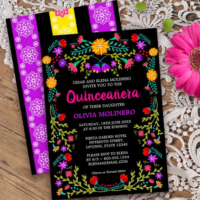 Schwarz-Mexikanisch Fiesta Folk Art Floral Quincea Einladung (Quinceanera invitation from my Mexican Fiesta Floral collection
)