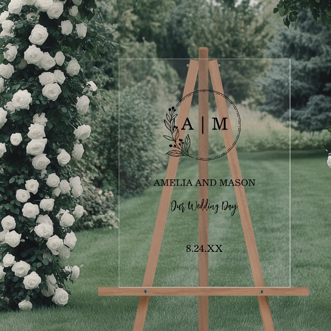 Schwarz-Minimal-Floral-Monogramm-Hochzeit Akryllis Acrylschild (Minimal Floral Monogram Black and Clear Acrylic Wedding Sign)