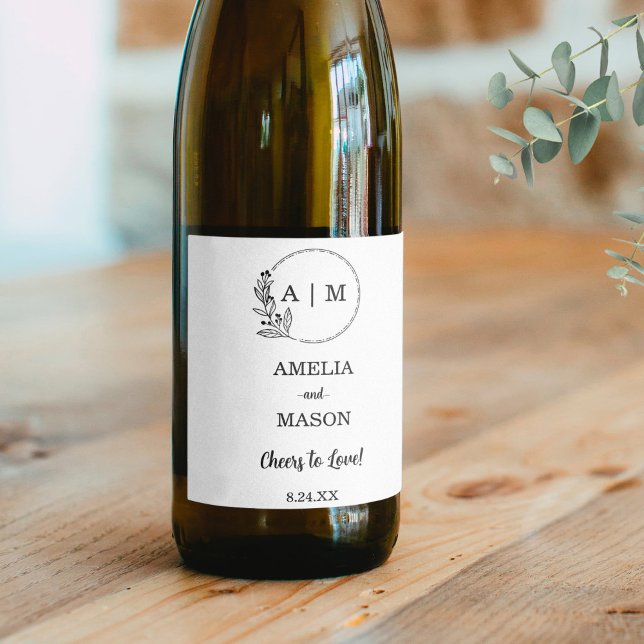 Schwarz-Minimal-Floral-Monogramm-Hochzeit Weinetikett (Black Minimal Floral Monogram Wedding Wine Label)