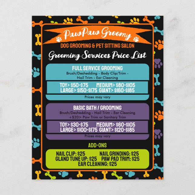 Schwarz Minimal moderne Paws Dog Grooming Price Li Flyer (Vorne)