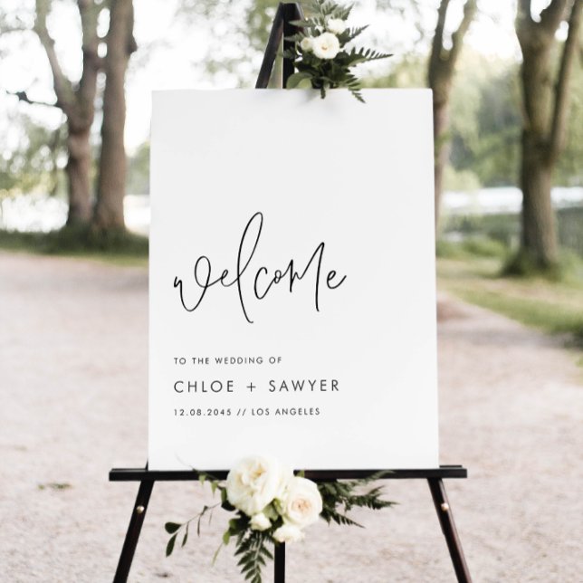 Schwarz-Minimalistisch-Handschrift-Hochzeit Poster (Add a simple, sophisticated touch to your wedding day with this minimalist wedding welcome sign.)