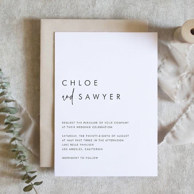Schwarz Minimalistisches handgeschriebenes Skript  Einladung (Minimalist wedding invitation featuring handwritten script and modern typography. )