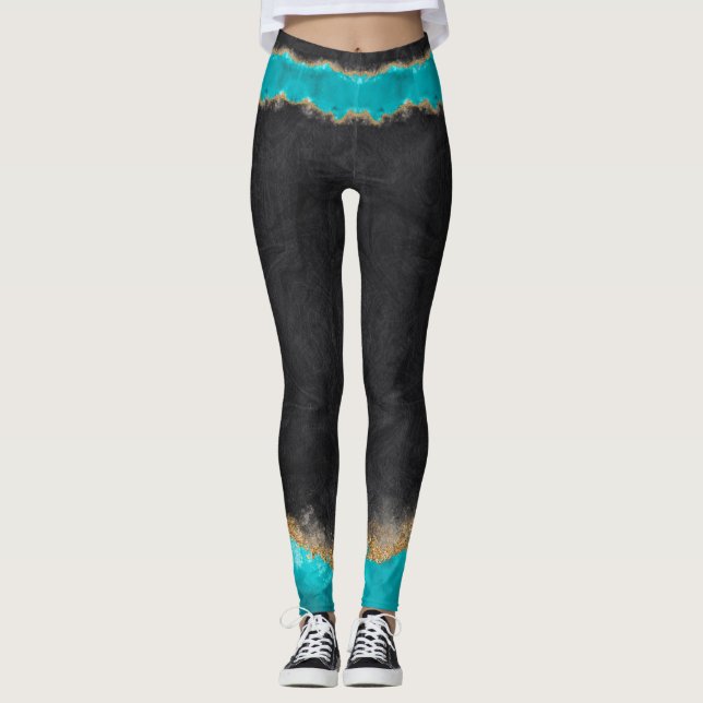 Schwarz mit Aquamarinen und goldenen Farben Leggings (Vorderseite)