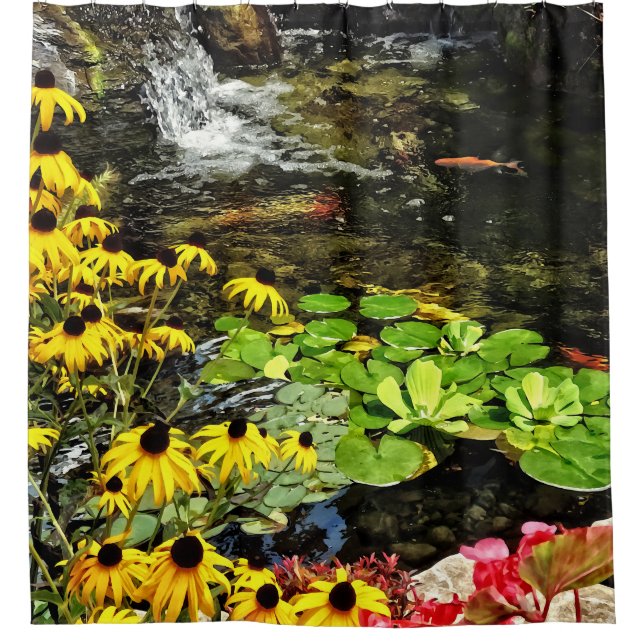 Schwarz-Mit Augen Susans von Koi Pond Duschvorhang (Vorderseite)