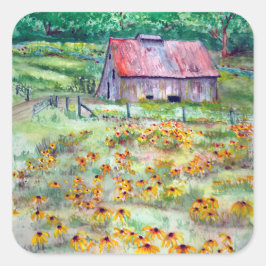Schwarz-Mit Augen Susans Wildblume Barn Watercolor Quadratischer Aufkleber