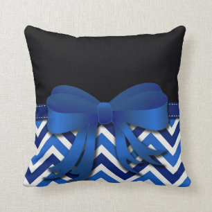 Schwarz mit Blau und Weiß Chevron und Blauem Schle Kissen