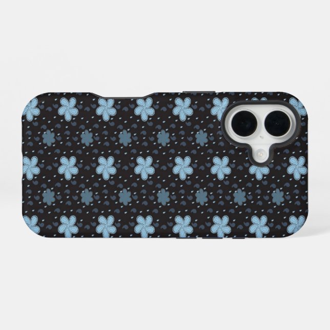 Schwarz mit Blue Paisley Blume iPhone 16 Fall Hülle (Rückseite (Horizontal))