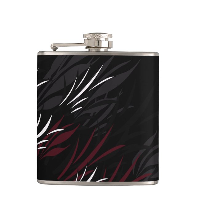 Schwarz mit Burgandy Feathers Flask Flachmann (Vorderseite)
