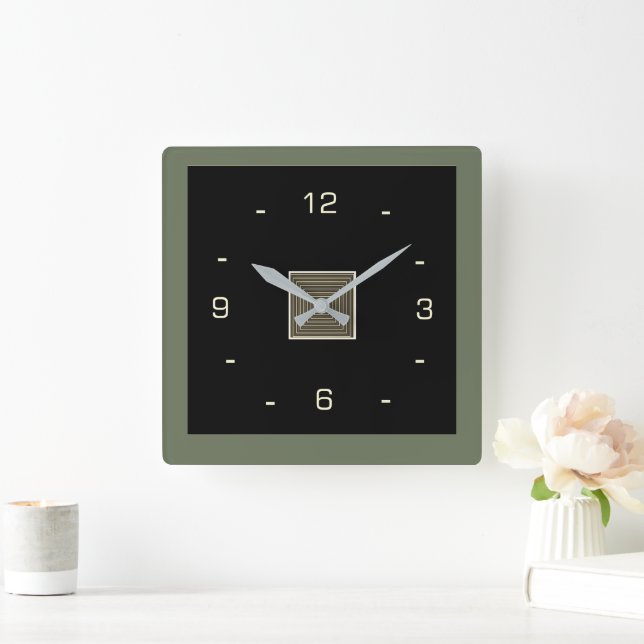 Schwarz mit Cremzahlen und Olive Border Squar Quadratische Wanduhr (Zuhause)