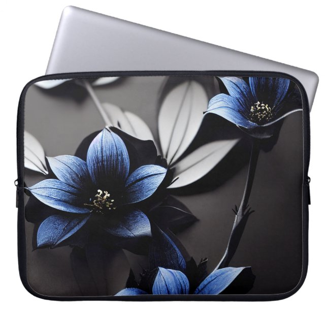 SCHWARZ MIT DUNKELBLAUEN BLUME LAPTOPSCHUTZHÜLLE (Vorderseite)