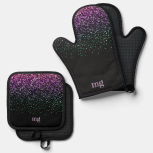 Schwarz mit farbenfrohem Glitterakzent Ofenhandschuh & Topflappen-Set