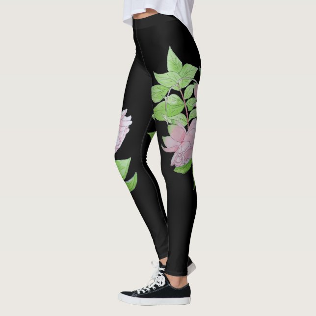 Schwarz mit fett rosa Blume Blumenmuster Leggings (Links)