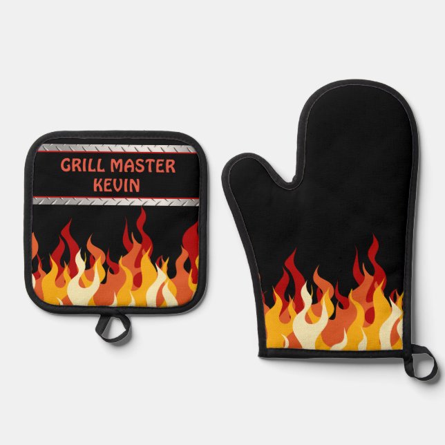 Schwarz mit Flammen-Grill-Master Ofenhandschuh & Topflappen-Set (Vorderseite)