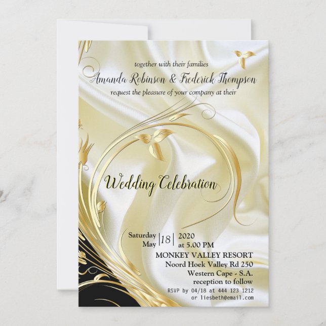 Schwarz mit Gold auf Champagner Silk Wedding Einladung (Vorderseite)
