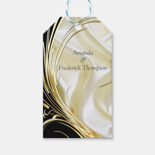 Schwarz mit Gold auf Champagnerseide Geschenkanhänger (Vorderseite)