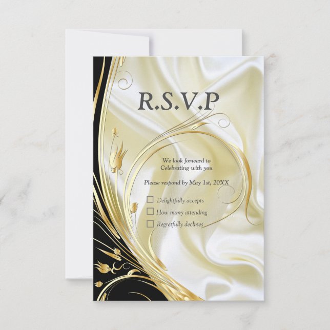 Schwarz mit Gold auf Champagnerseide RSVP Karte (Vorderseite)