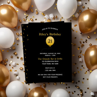Schwarz mit Gold Balloon und Confetti Geburtstag Einladung