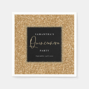 Schwarz mit Gold Glitzer Name Quinceañera Party Serviette
