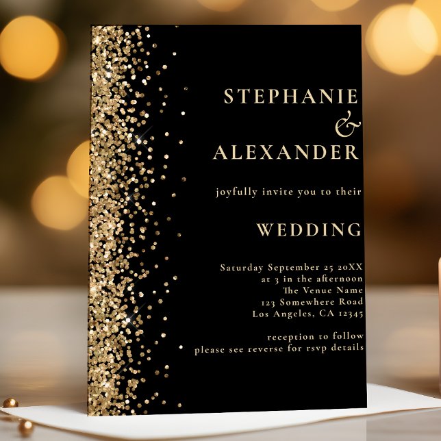 Schwarz mit Gold Glitzer QR Code Hochzeit Einladung (Von Creator hochgeladen)