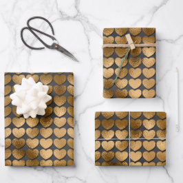 Schwarz mit Gold Herz Valentins Geschenkpapier Set