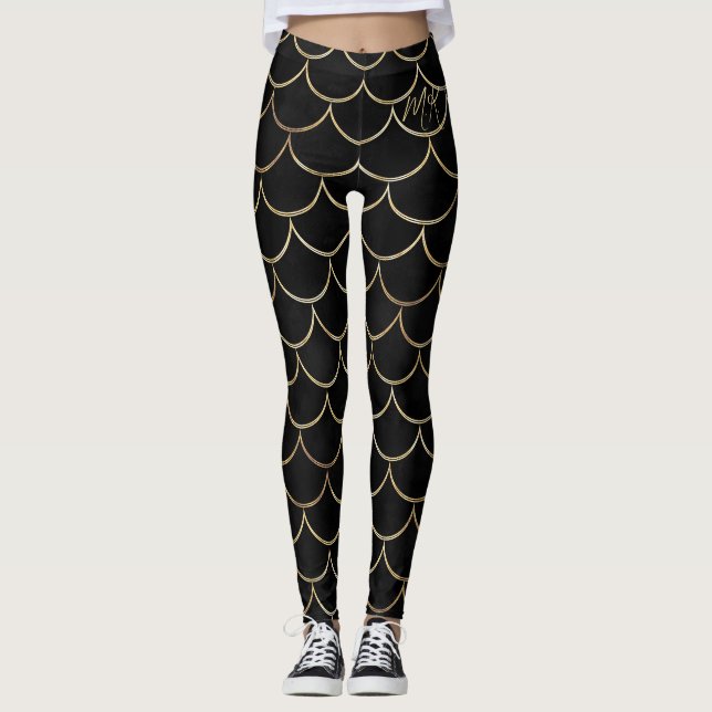Schwarz mit Gold Scales Monogram Mermaid Leggings (Vorderseite)