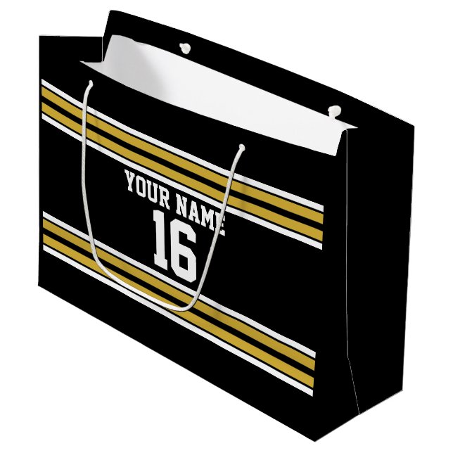 Schwarz mit Gold White Stripes Team Jersey Große Geschenktüte (Vorderseite Schrägansicht)