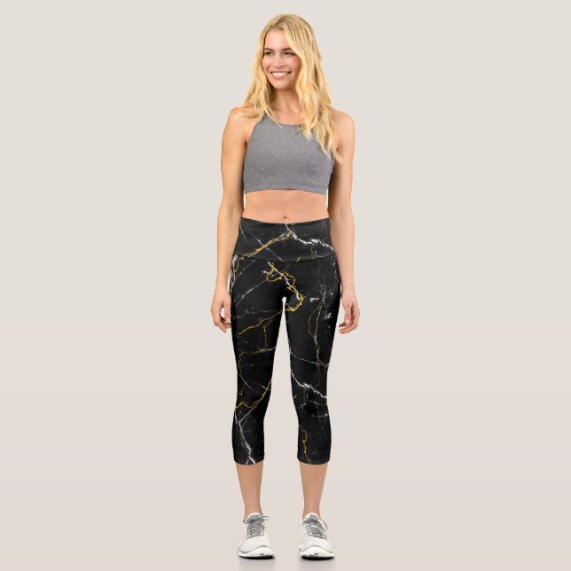 Schwarz mit goldfarbenem Marmormuster Capri Leggings (Vorderseite)