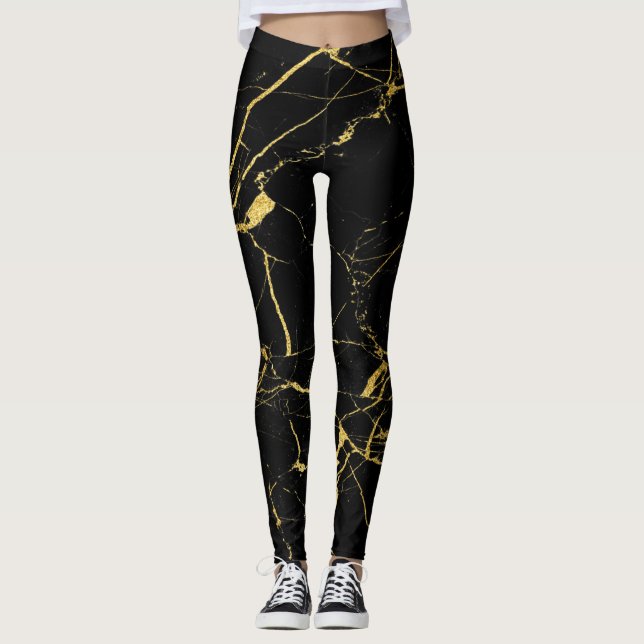 Schwarz mit goldfarbenem Marmormuster Leggings (Vorderseite)