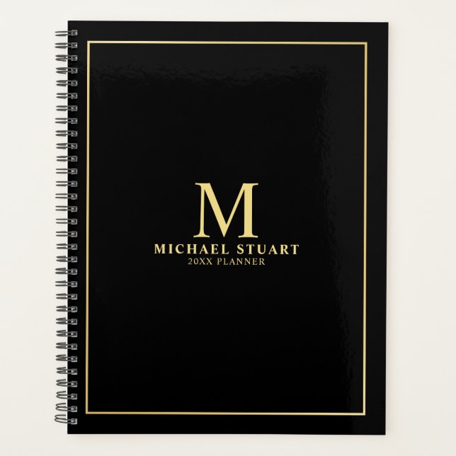 Schwarz mit goldfarbenem Personalisiertem Monogram Planer (Vorderseite)
