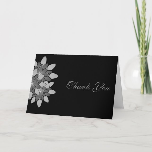 Schwarz mit Grau & Silver Floral Lotus Vielen Dank Dankeskarte (Vorderseite)