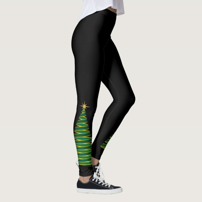 Schwarz mit grünen Weihnachtsbaumen Leggings (Rechts)