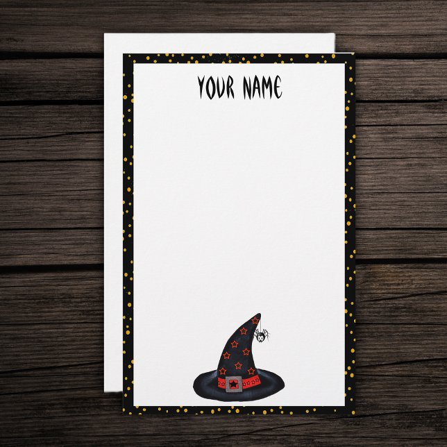 Schwarz mit Hat Stars Spider Orange Dots Stationar Briefpapier (Black witch hat spider orange stars on white with black and orange dotted border paper stationery.)