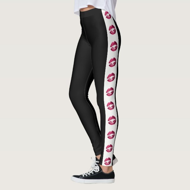 Schwarz mit Hot Pink Glitzer Lipstick Streifen Leggings (Links)
