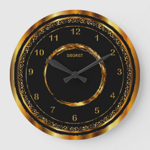 Schwarz mit Imitaten Metallischer Goldrahmen Große Wanduhr