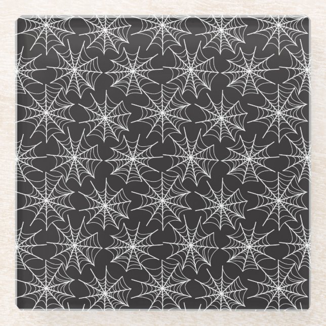 SCHWARZ MIT KLEINEN, WEISSEN HALLOWEEN KOBWEBEN GLASUNTERSETZER (Vorderseite)