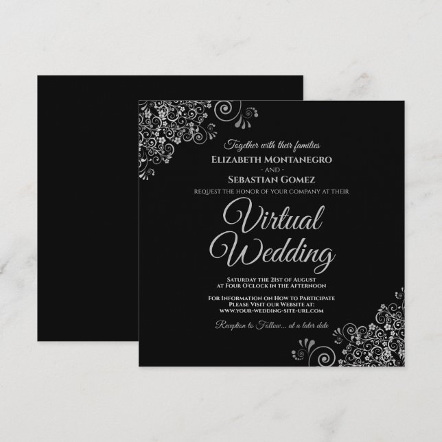 Schwarz mit Lacy Silver Elegant Virtual Wedding Einladung (Vorne/Hinten)