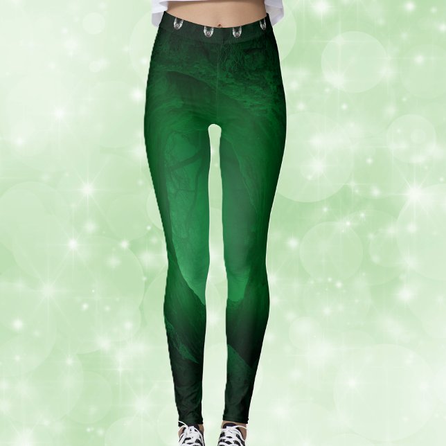 Schwarz mit leuchtend grüner Row Spooky Graue Fled Leggings (Black with glowing green abstract design white spooky bats on womans leggings.)