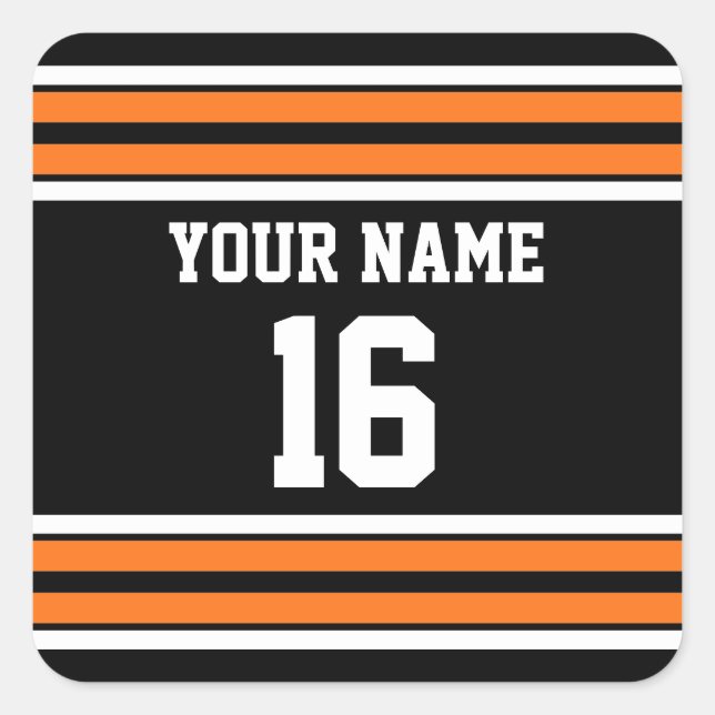 Schwarz mit Orange White Stripes Team Jersey Quadratischer Aufkleber (Vorderseite)