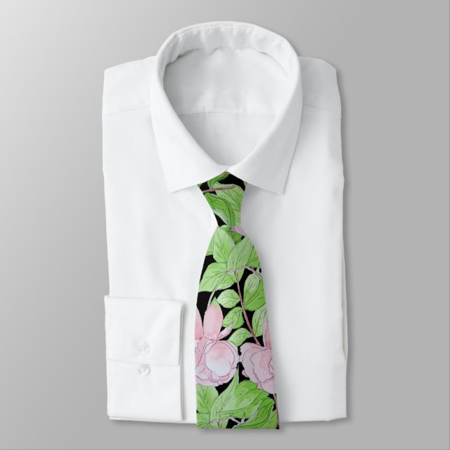 Schwarz mit rosa Blume und Blumenmuster Krawatte (Gebunden)