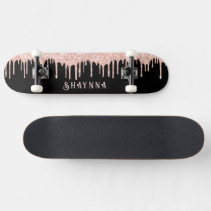 Schwarz mit rosa Glitzer Tropfen Personalisiert Skateboard