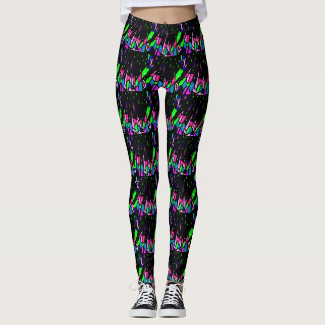 Schwarz mit rosa-grünen Mustern Leggings (Vorderseite)