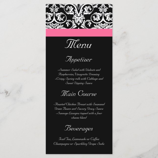 Schwarz mit rosa Leidenschaft Damask Menükarte (Vorderseite)