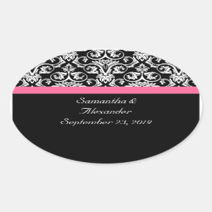 Schwarz mit rosa Leidenschaft Damask Ovaler Aufkleber