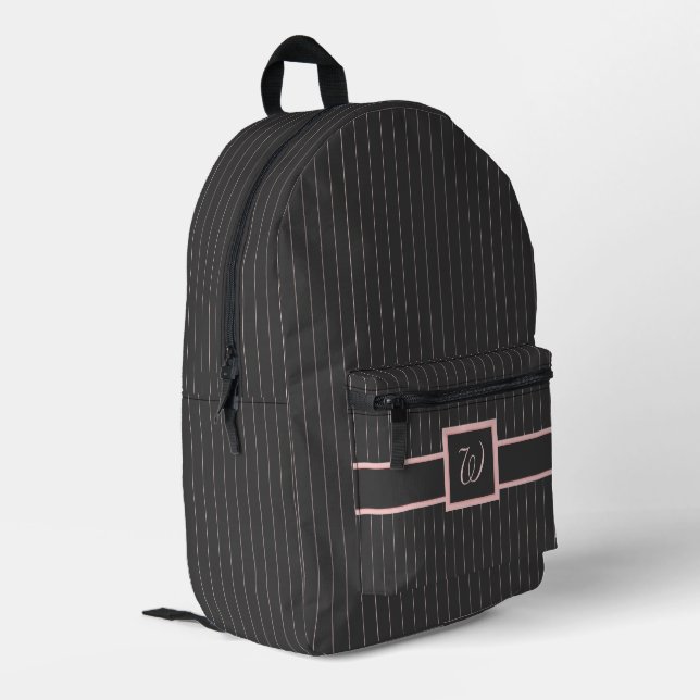 Schwarz mit rosa Pinstripes Bedruckter Rucksack (Rückseitige Ecke links)